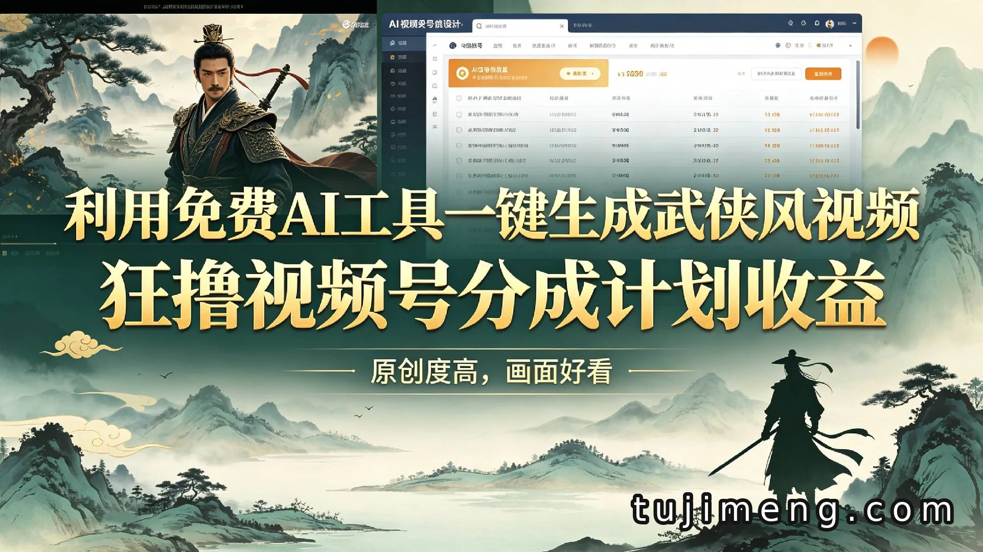 免费AI工具做武侠风视频，画面好看又原创，视频号分成收益怎么拿？